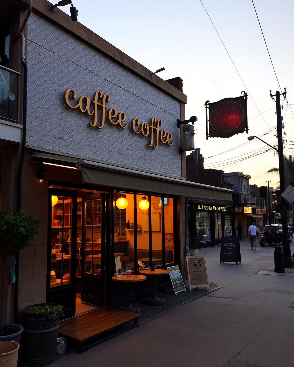 Cafe exterior at dusk